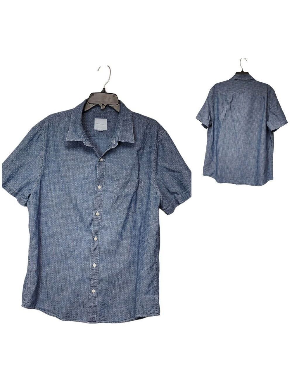 Men AMERICAN EAGLE AE Blue White Denim Chambray Polka Dot Button Up Shirt XL